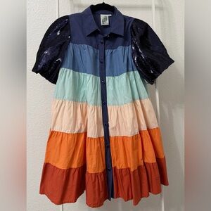 QUEEN OF SPARKLES - Multi-Color Tiered Mini Dress with Navy Sequin Puff Sleeves